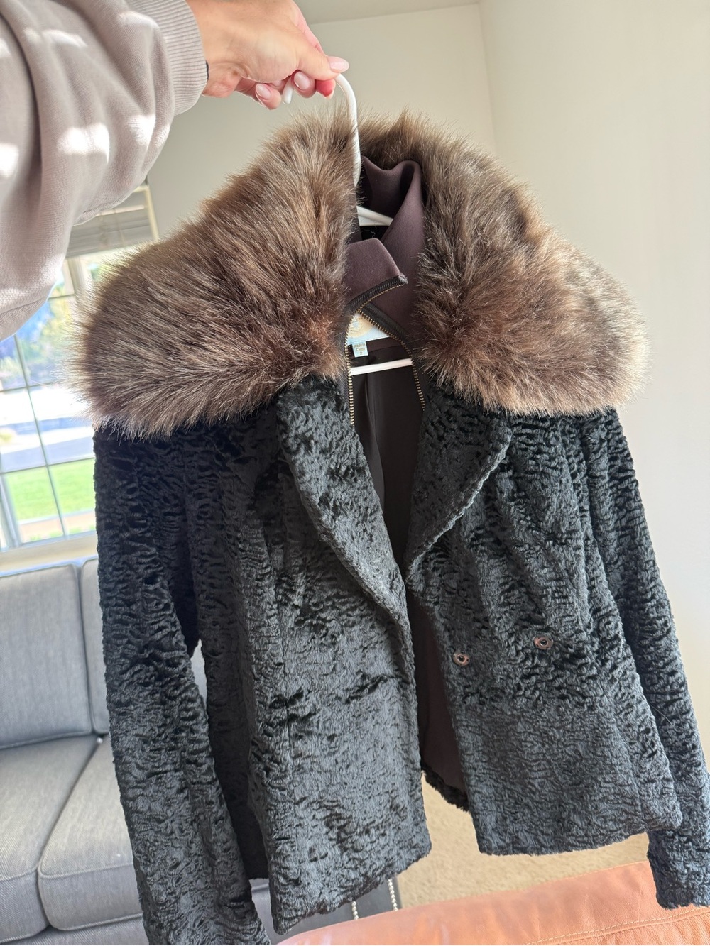 Tracy Reese Black Teddy Jacket with Brown Faux Fur Collar